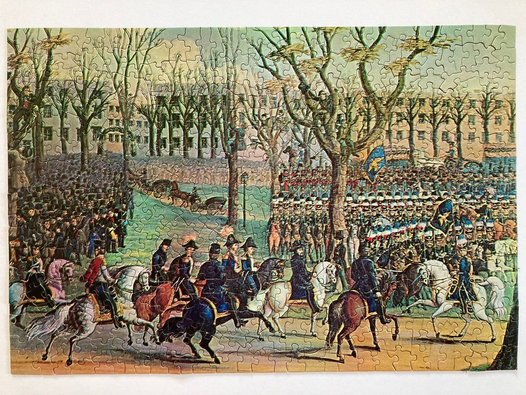 Historical illustration of a Napoleonic-era military parade in a tree-lined square