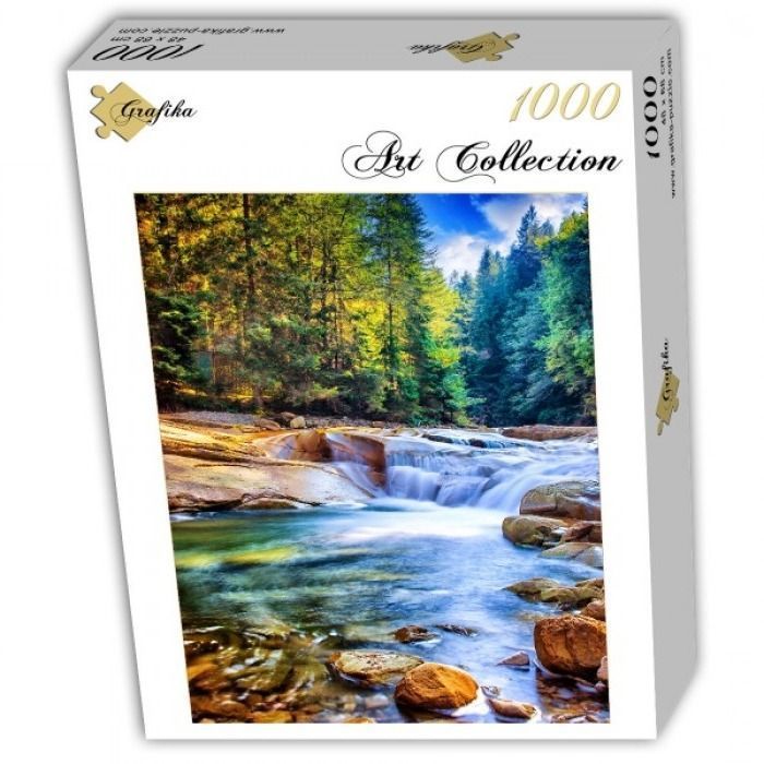 A lush forest landscape with a flowing river cascading over smooth rocks.