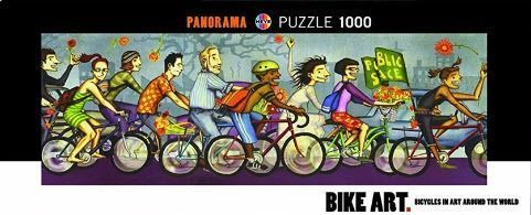 An illustration of a diverse group of people riding bicycles together in a city.