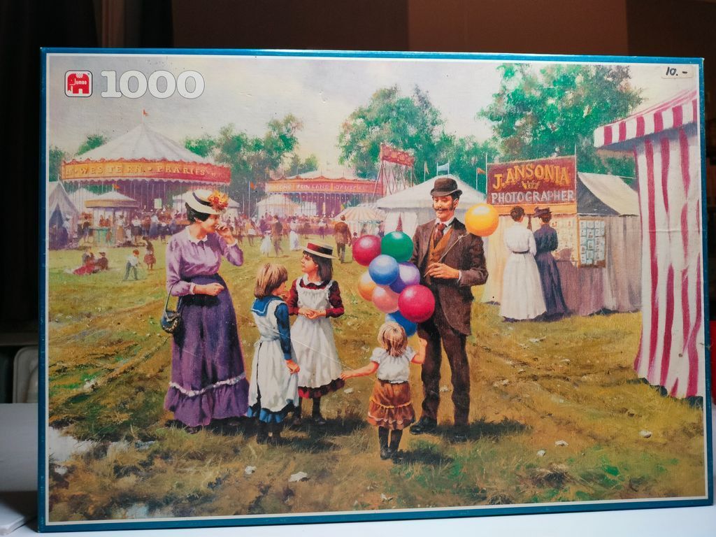 An oil painting of a Victorian-era country fair with a man handing out balloons to children near a photographer