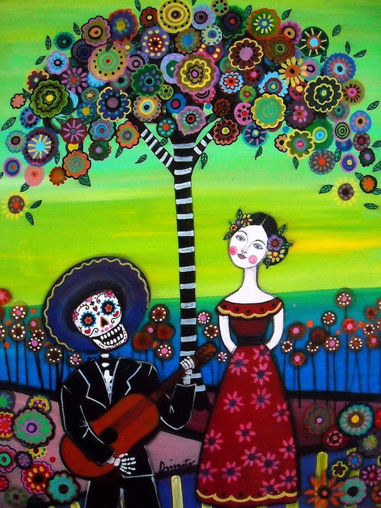 An illustration of a calavera playing guitar for a woman beneath a whimsical, multi-colored floral tree.