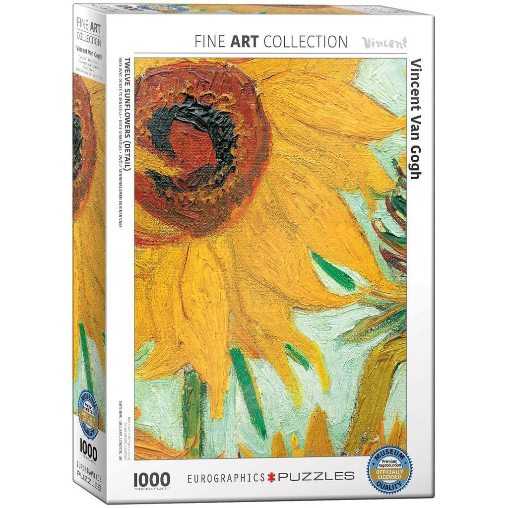 A close-up detail of Vincent van Gogh's painting, Twelve Sunflowers, showing a vibrant sunflower head.