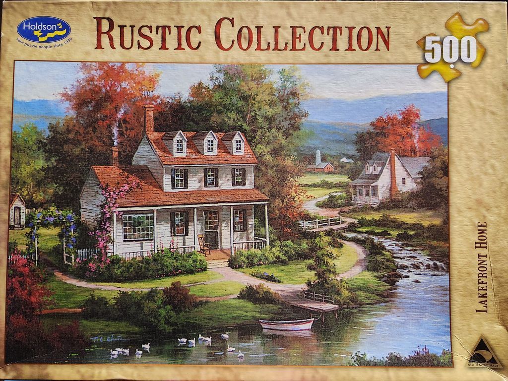 A pastoral landscape painting featuring a white house with dormers beside a stream with ducks and a small boat.