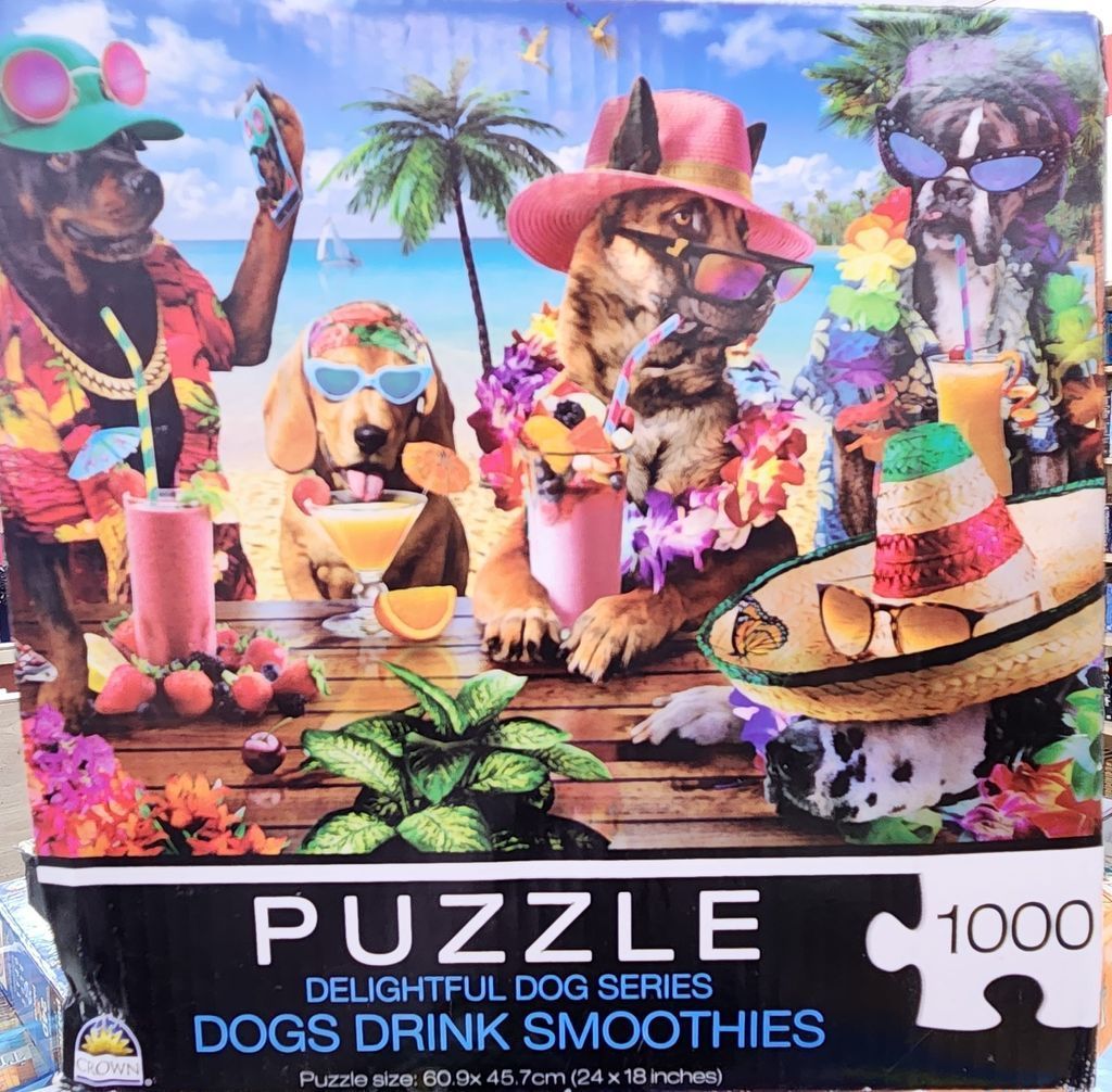 Group of dogs wearing tropical vacation gear and sunglasses sitting at a beach bar with fruit smoothies.