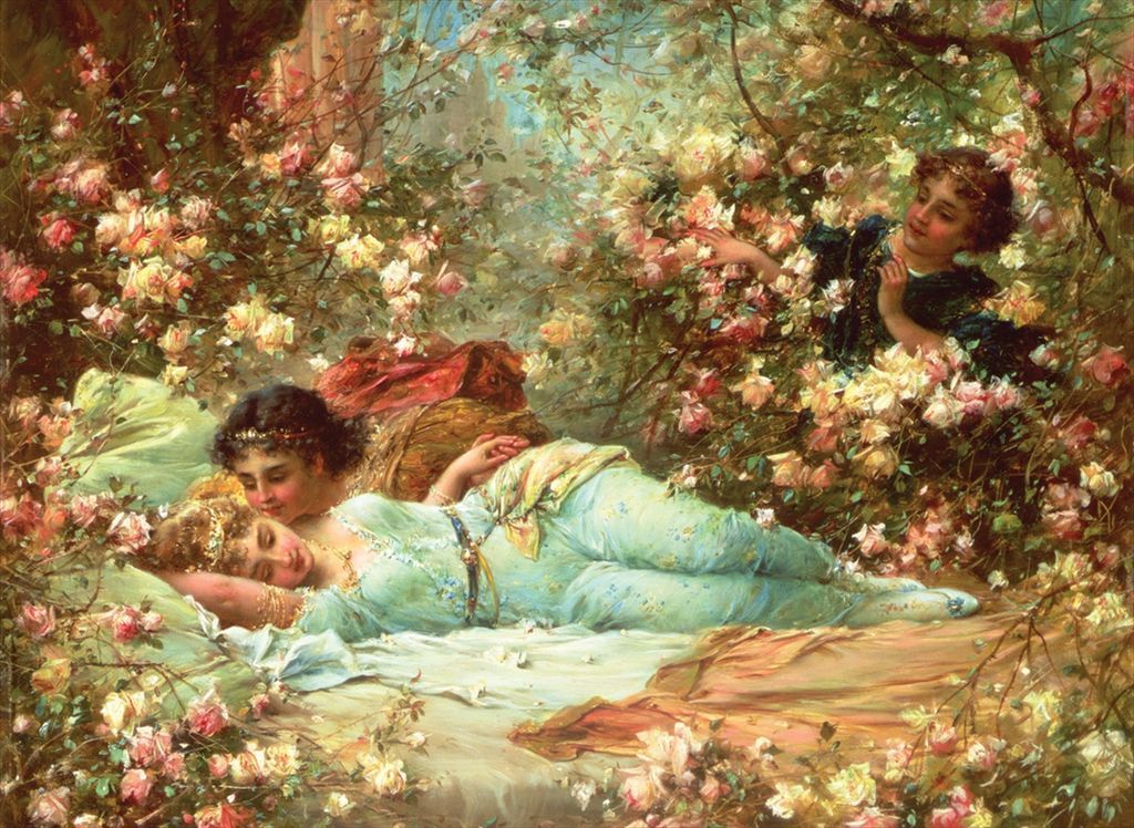 An oil painting of two women resting among rose bushes with a third person peeking through the flowers.