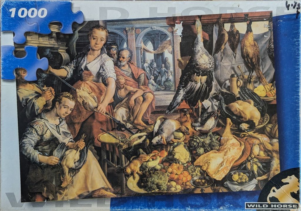 A classical oil painting scene featuring figures preparing food in an ornate kitchen setting with hanging poultry.