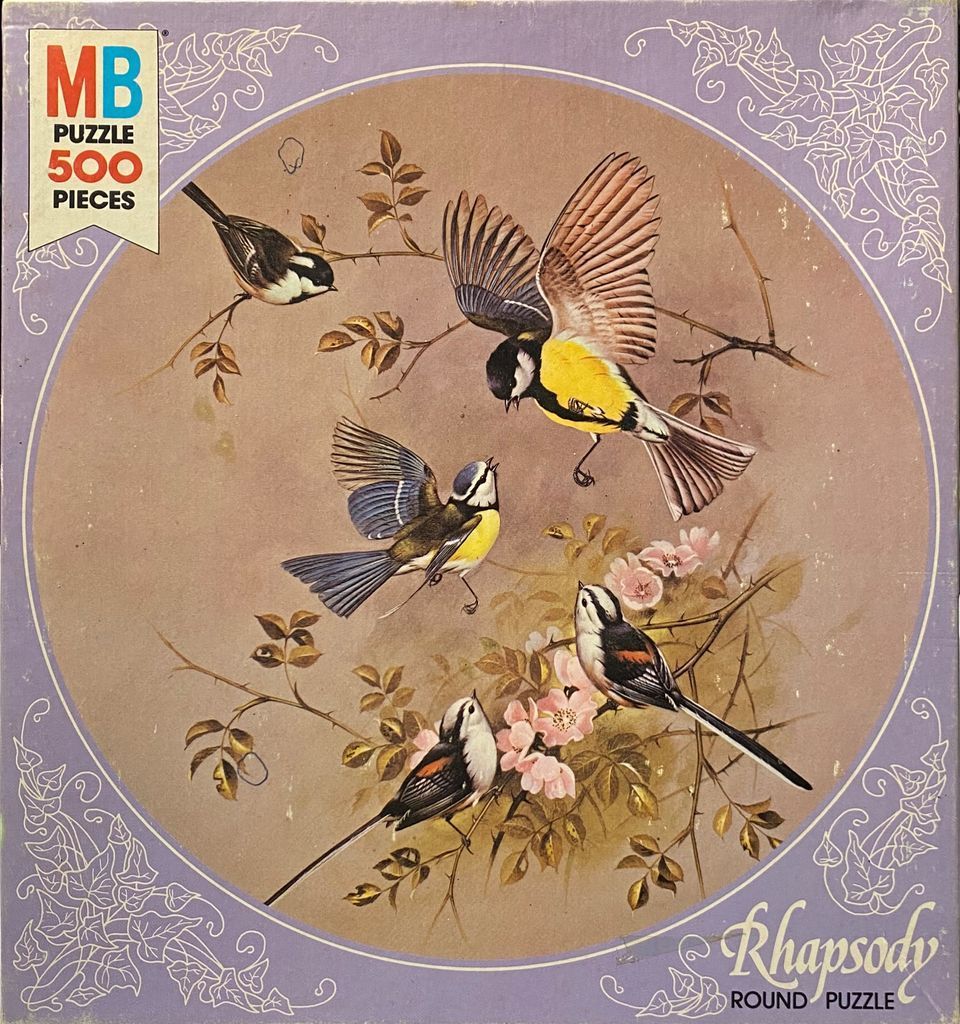 An illustration of several small birds, including great tits and long-tailed tits, perched among flowering branches.