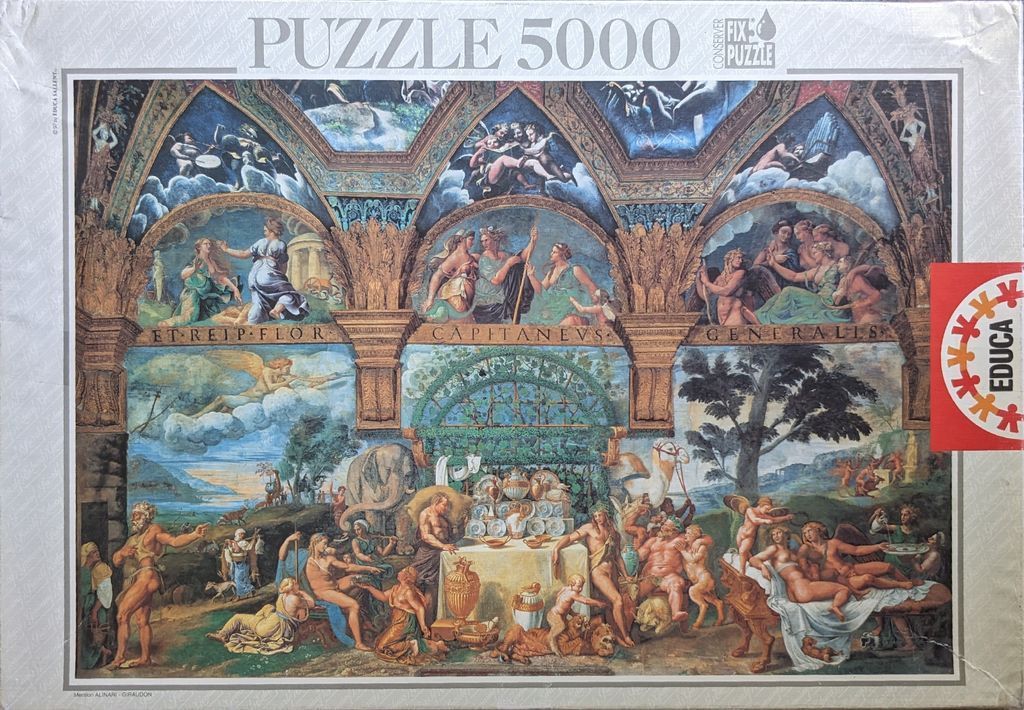 A sprawling Renaissance-style fresco depicting mythological figures, animals, and feast scenes under a vaulted loggia.