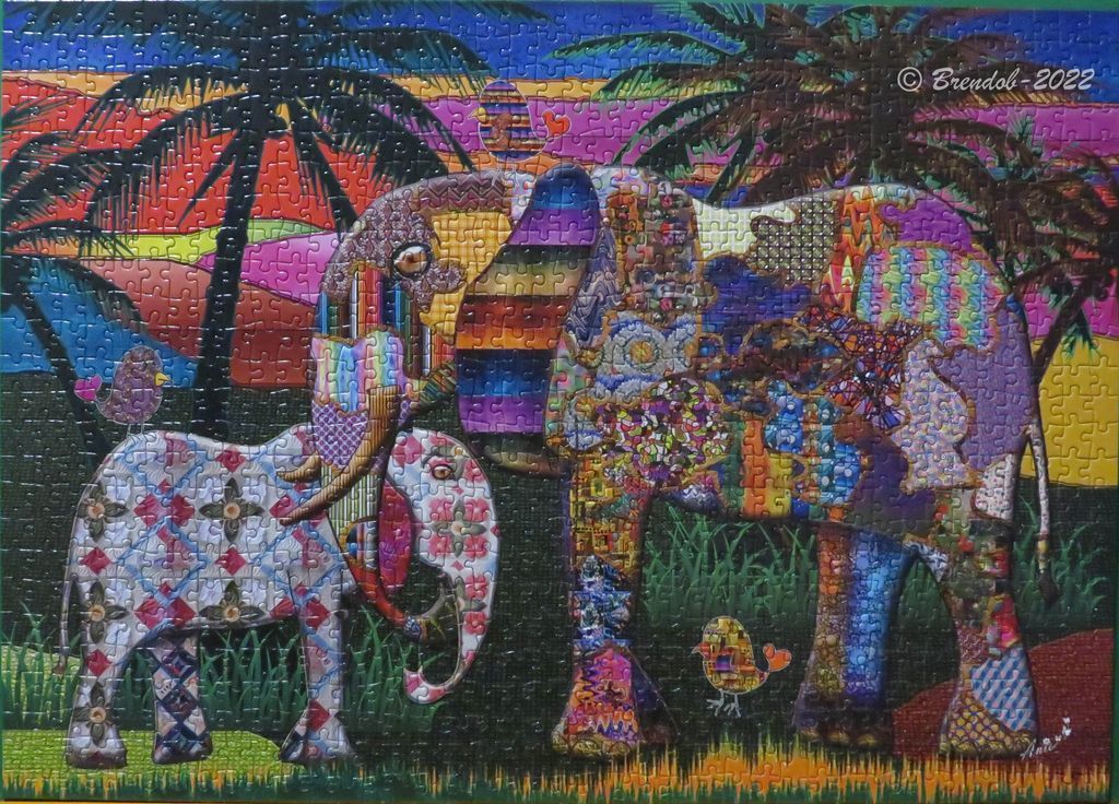 A whimsical illustration of a large patterned elephant and a smaller elephant standing together in a vibrant tropical landsca