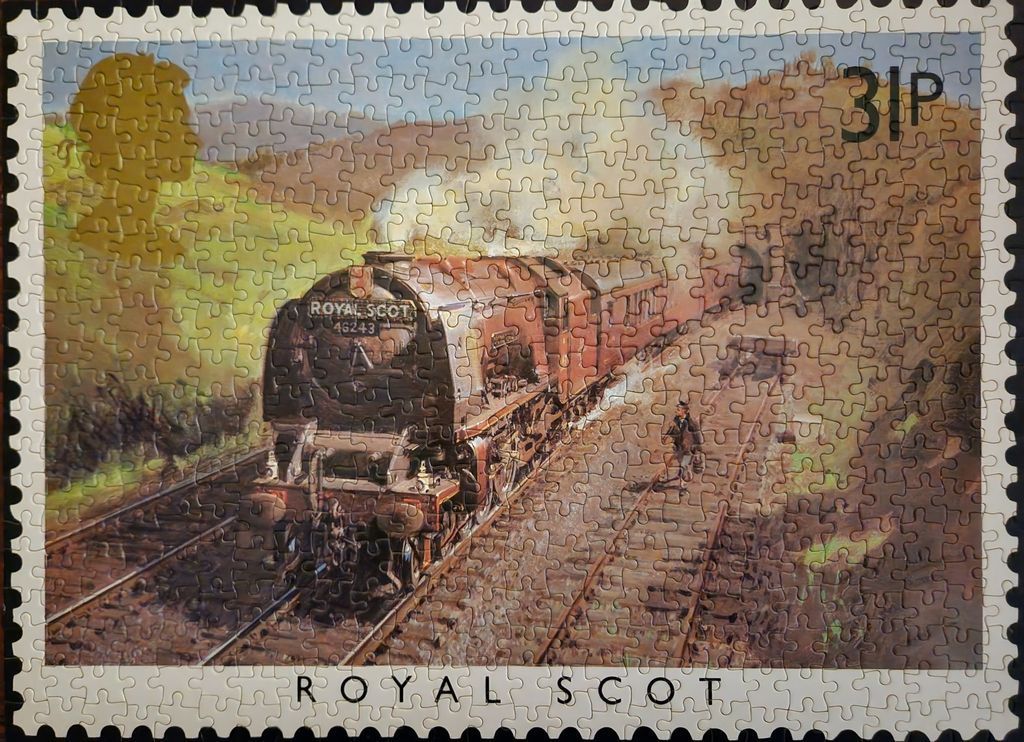 A postage stamp illustration of the Royal Scot steam locomotive traveling through a rural landscape.