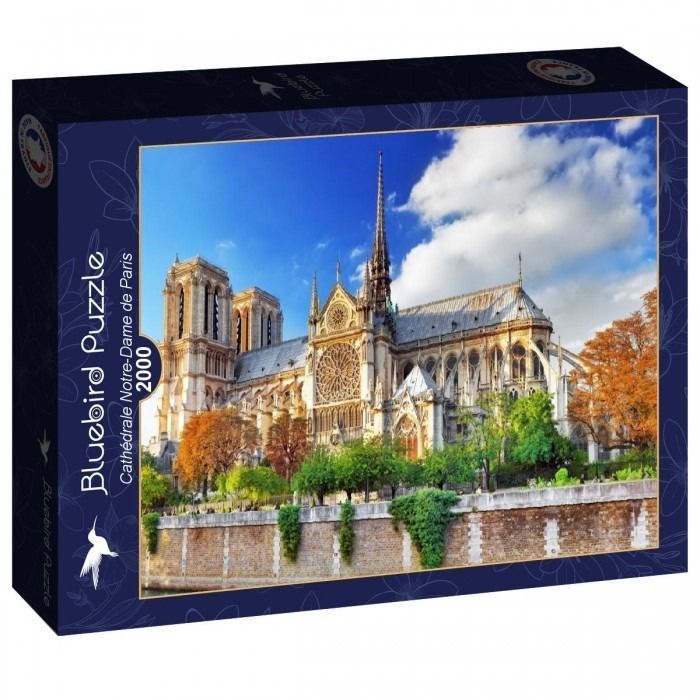 A scenic photograph of the Notre-Dame Cathedral in Paris with fall foliage along the riverbank under a blue sky.
