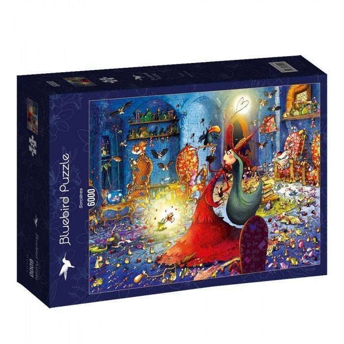 An illustration of a witch in a red dress casting a spell in a cluttered, magical library filled with small creatures.