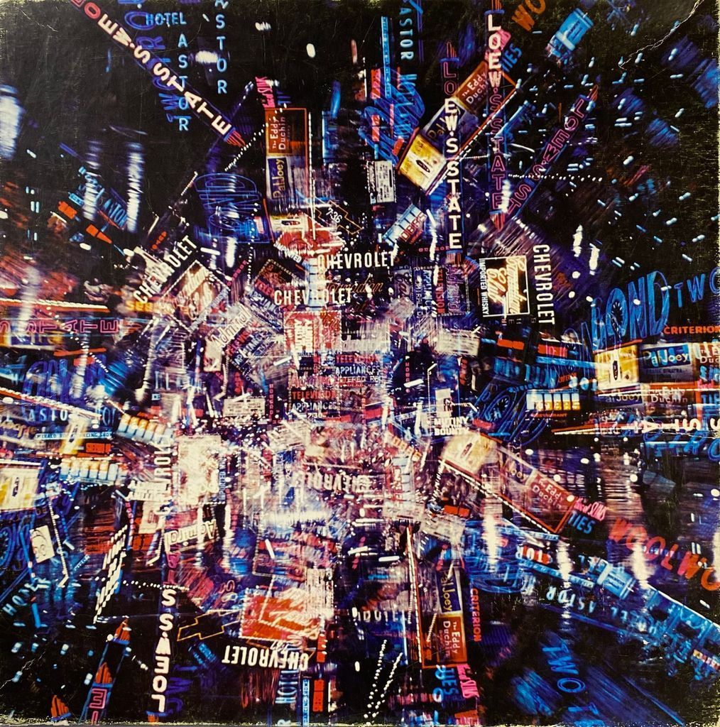 An abstract, painterly depiction of a crowded city street at night, with blurred neon signs and light streaks.