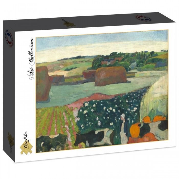Impressionist oil painting of a rural landscape with cows, haystacks, and a figure in a white bonnet.