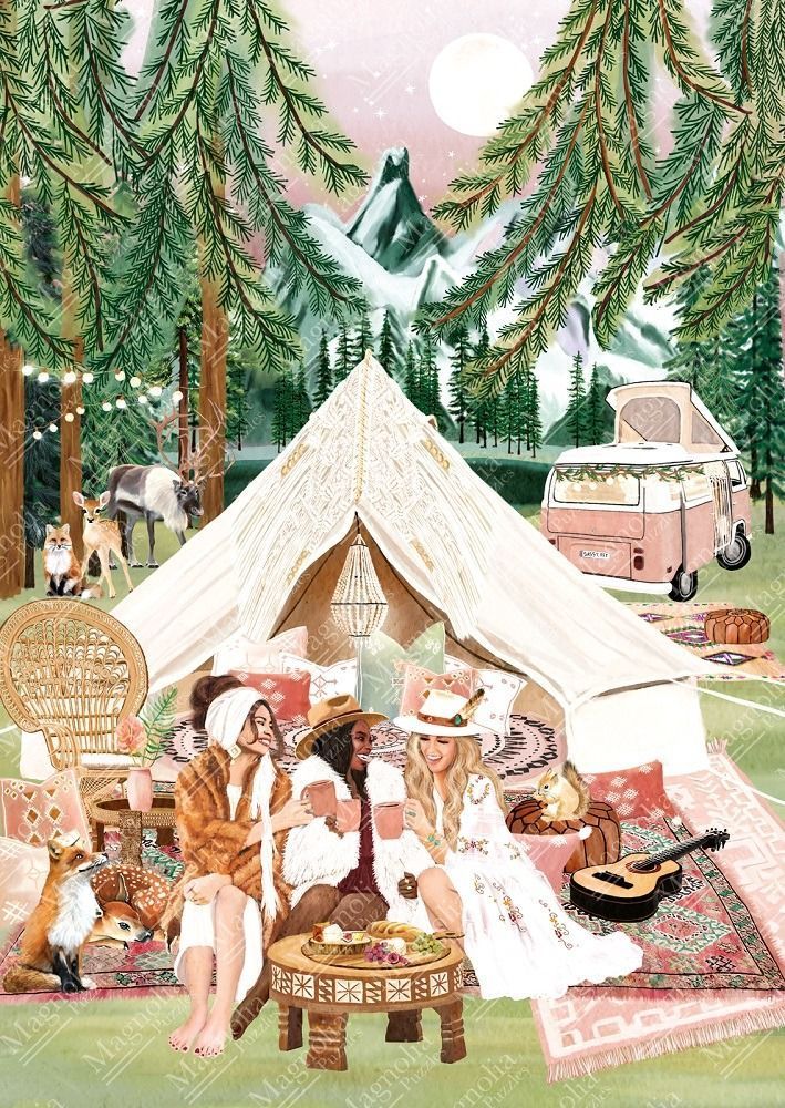 Three women sitting in front of a white tent in a forest clearing with a camper van and woodland animals.