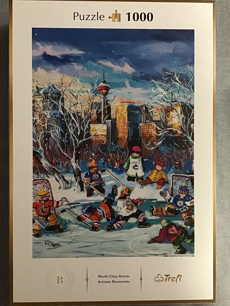 Impressionistic painting of children playing ice hockey in a snowy city park with the Calgary Tower in the background.