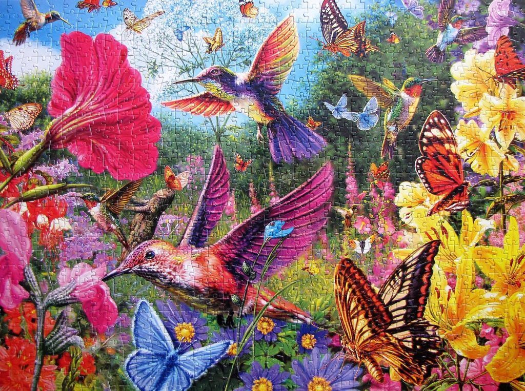Vibrant garden scene featuring multiple hummingbirds and butterflies among bright flowers.