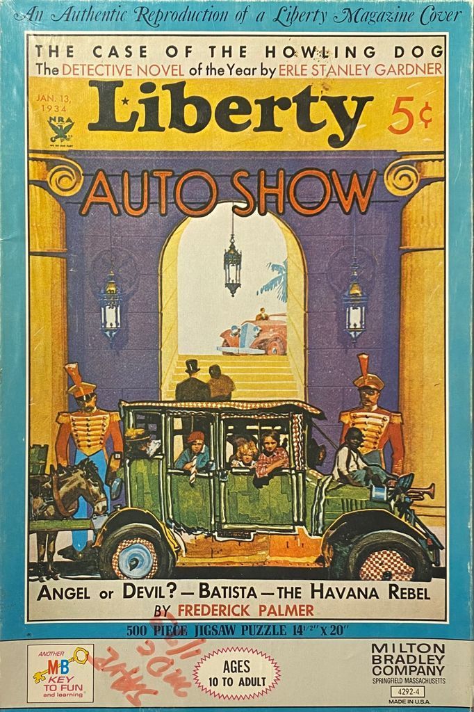 1934 Liberty magazine cover featuring an auto show scene with an antique car, uniformed guards, and a grand archway.