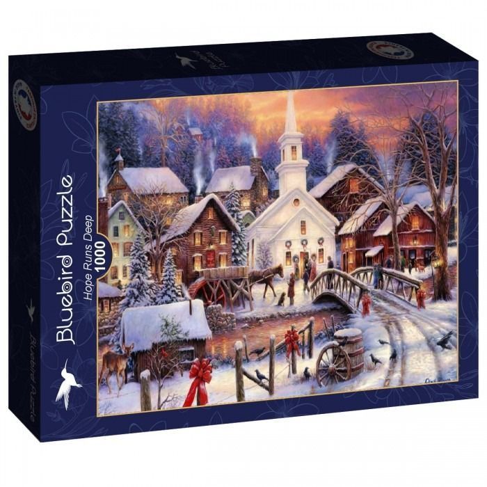 A cozy winter village scene with a white church, snow-covered houses, a bridge, and a horse-drawn cart at sunset.