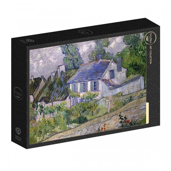 Impressionist oil painting of a cottage with a blue roof surrounded by green foliage and a stone wall.