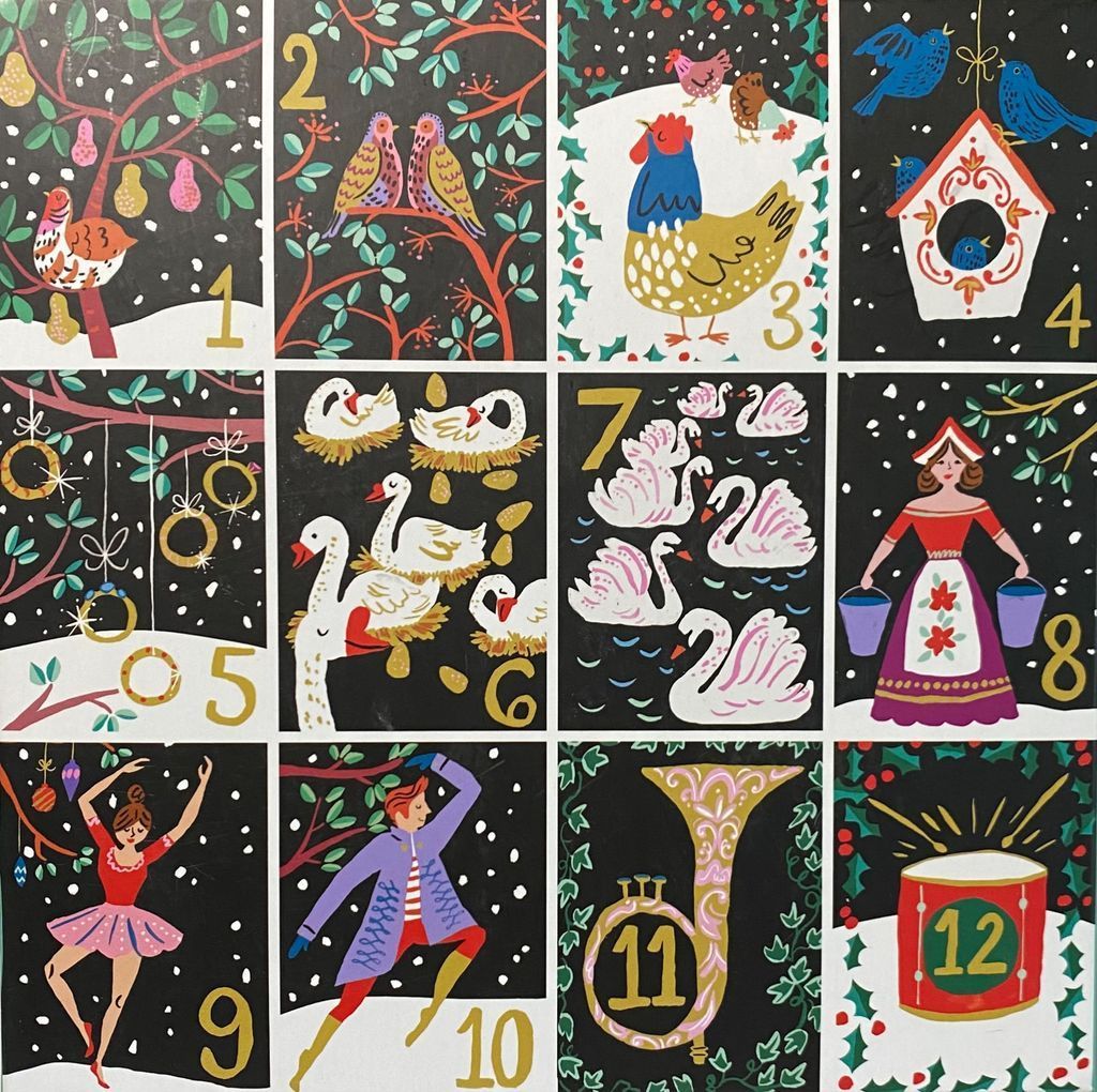 An illustrated advent calendar with 12 sections showing folk-art style scenes and numbers from 1 to 12.