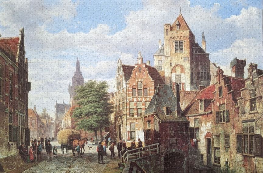 A street scene in a historic Dutch town with gabled brick buildings, a horse-drawn cart, and townspeople.
