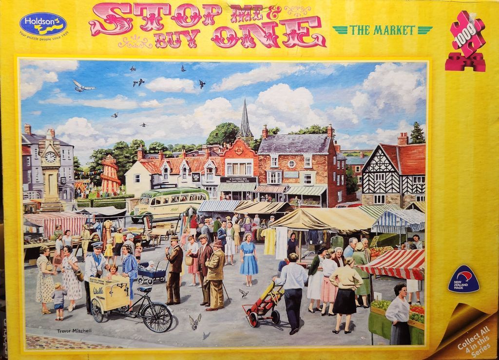Illustration of a busy 1950s British town square market scene with vintage stalls and pedestrians.