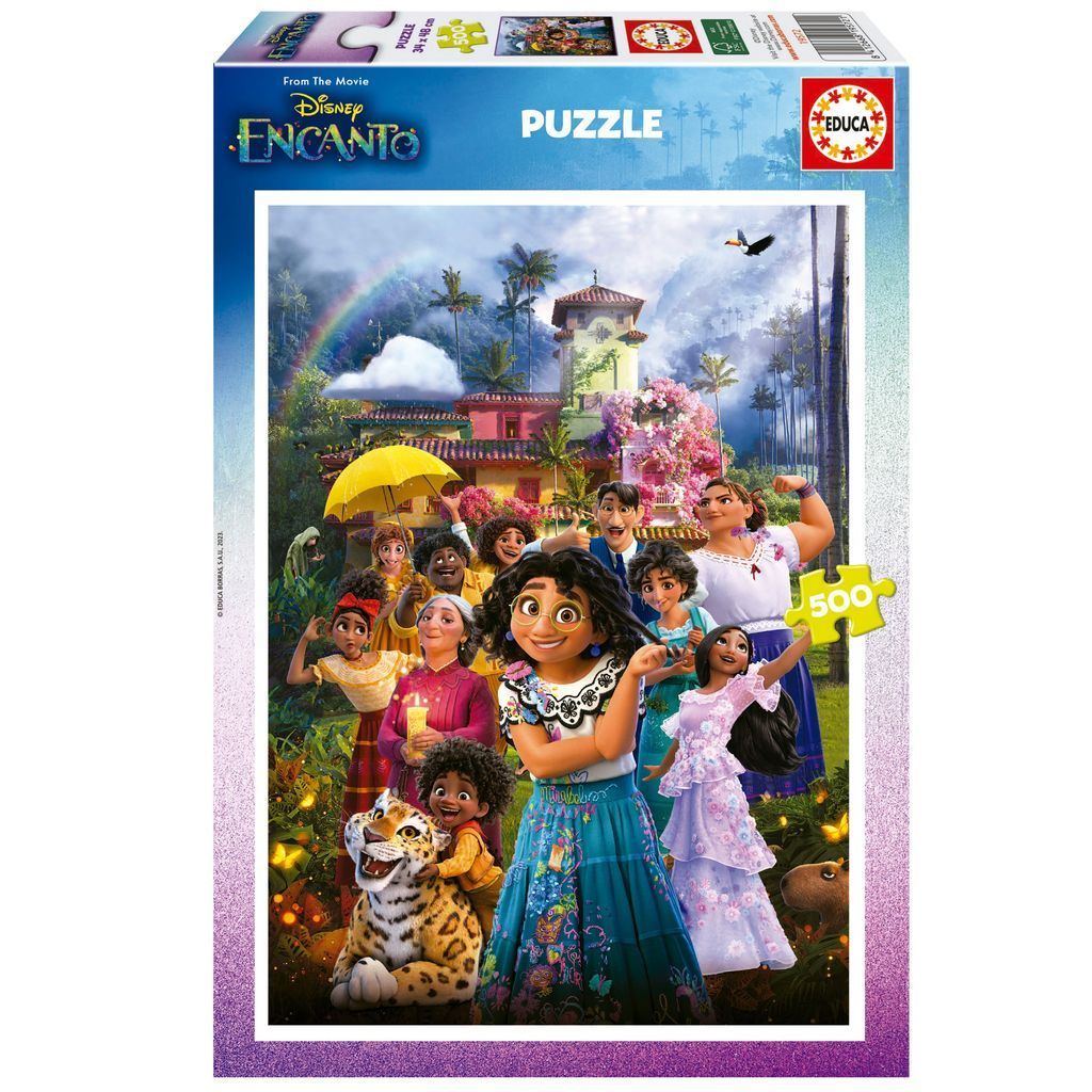 Animated characters from Encanto posing in front of a vibrant magical house with lush mountains in the background.