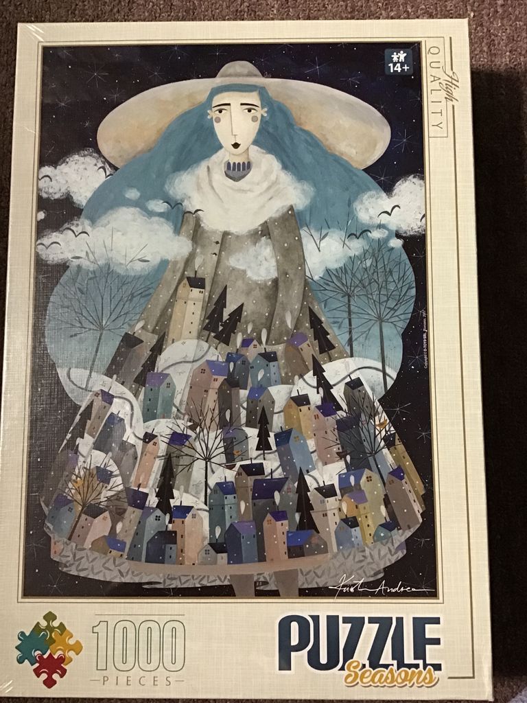 Illustration of a surreal female figure whose long dress forms a snow-covered village landscape.