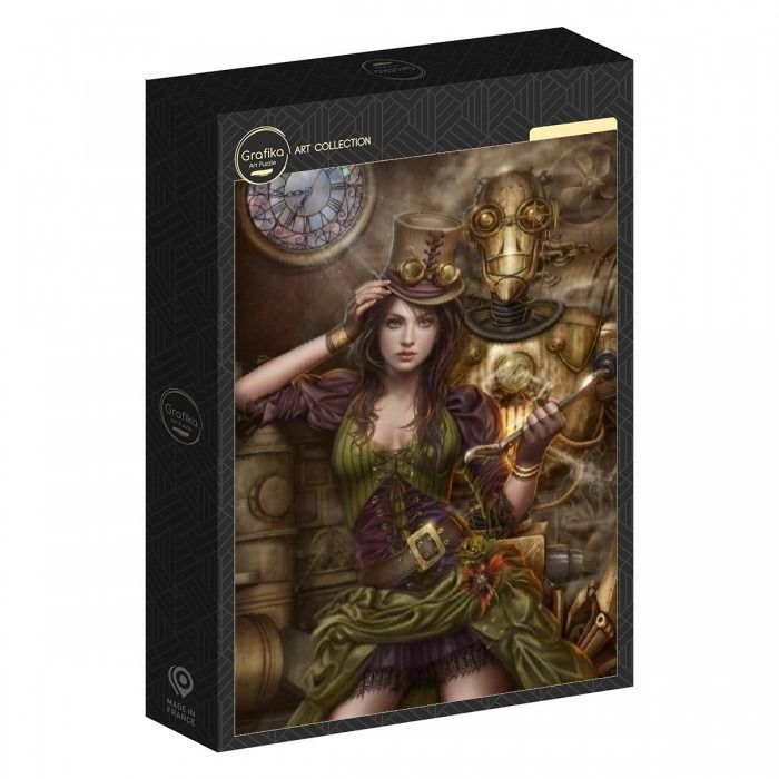 Steampunk illustration featuring a woman in a top hat and corset standing beside a golden mechanical robot.