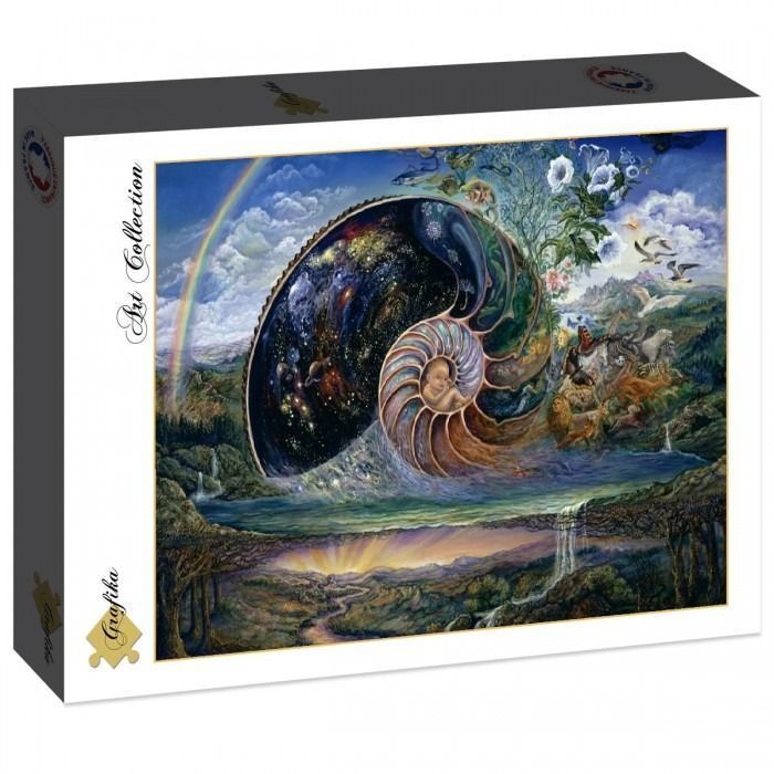 Surreal illustration of a giant nautilus shell housing a galaxy and an infant, floating over a landscape.