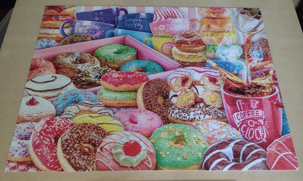 A colorful assortment of assorted donuts and coffee mugs in a whimsical food illustration.