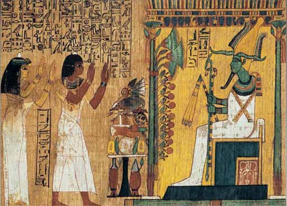 An ancient Egyptian papyrus showing two figures offering tributes to a seated green-skinned deity.