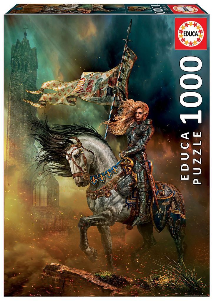 A female warrior in medieval armor riding a white horse and holding a banner, with a gothic cathedral in the background.