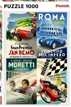 A collage of four vintage-style Italian racing posters featuring classic cars and motorcycles.