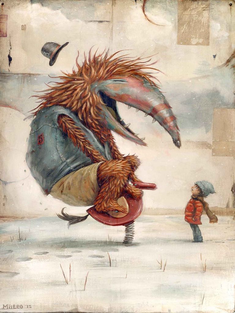 A whimsical illustration of a fluffy, monstrous creature on a spring rider playing with a small child in the snow.