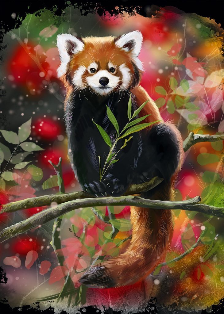 A detailed digital illustration of a red panda perched on a tree branch against a colorful, abstract background.