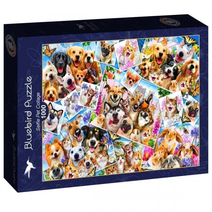 A collage of various dogs, cats, and rabbits appearing to take selfies against a bright, colorful sky background.