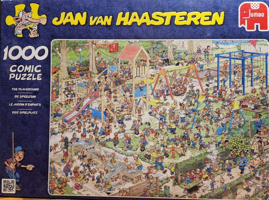 Busy, detailed cartoon illustration of a chaotic public playground filled with dozens of characters.