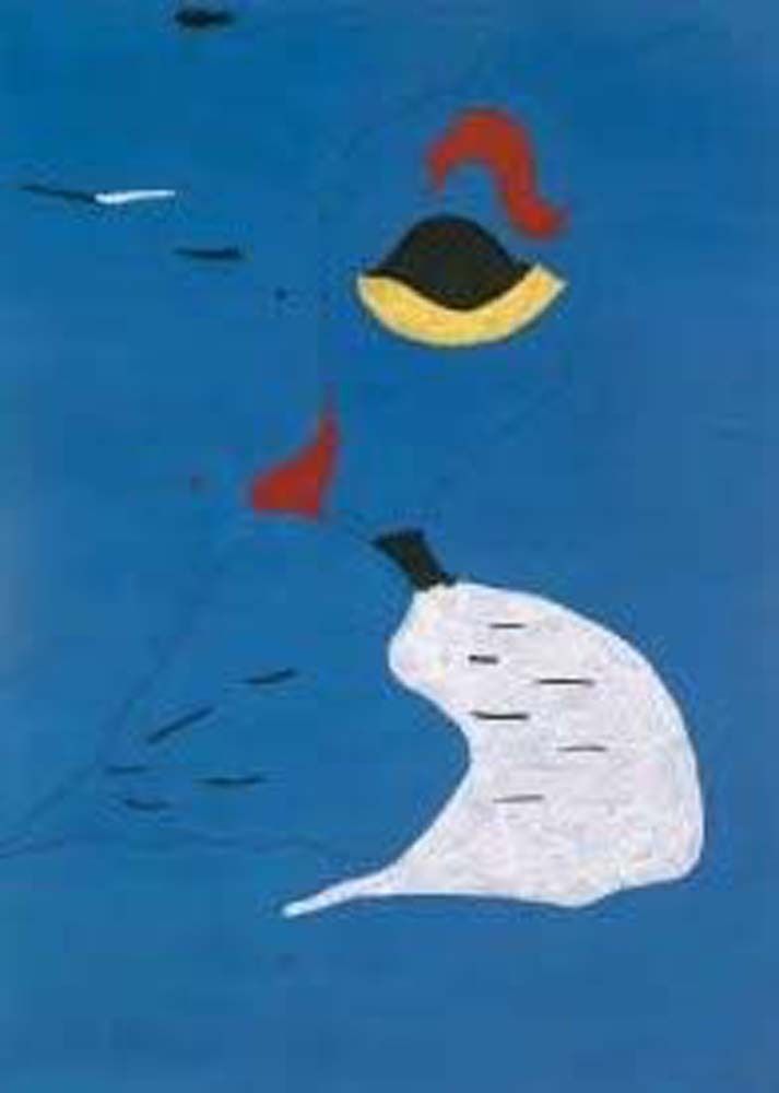 Abstract surrealist composition featuring simple shapes in red, yellow, black, and white against a vibrant blue field.