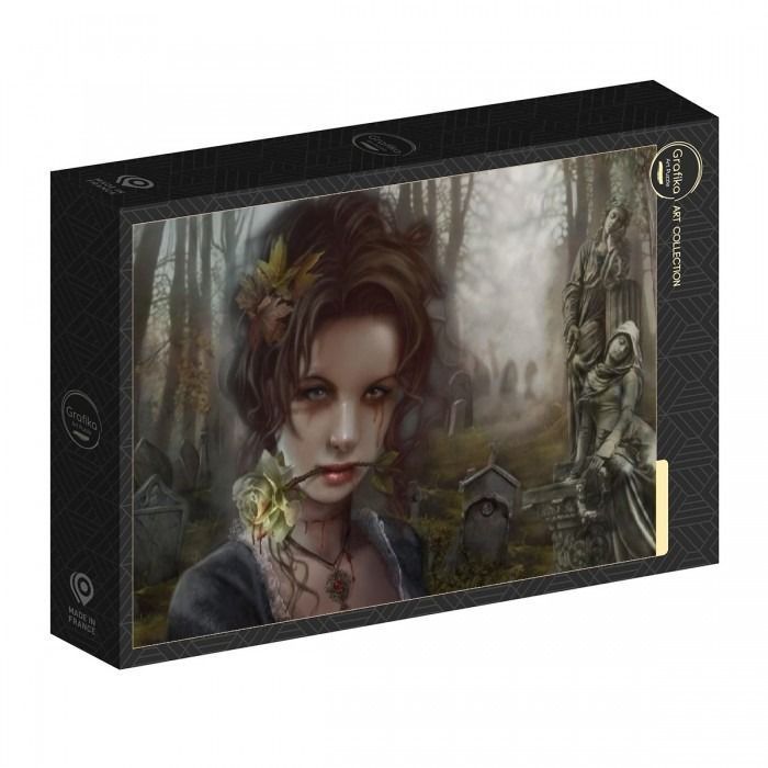 A gothic portrait of a woman holding a white rose in her teeth within a misty, overgrown cemetery.
