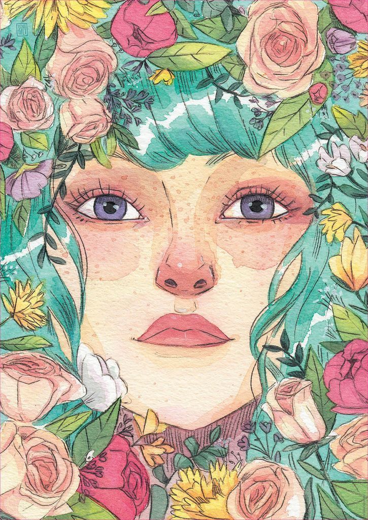 Watercolor illustration of a woman with teal hair surrounded by colorful flowers and foliage.