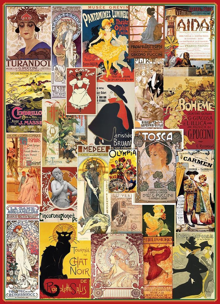 A dense collage of vintage European theatre and performance advertisements in Art Nouveau style.