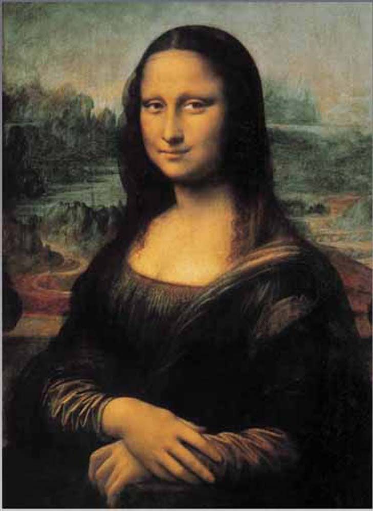 A portrait of a woman with a mysterious smile, seated before a hazy, mountainous landscape.