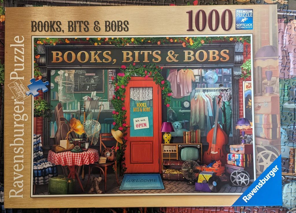 A detailed illustration of a vintage second-hand shop exterior filled with eclectic items.