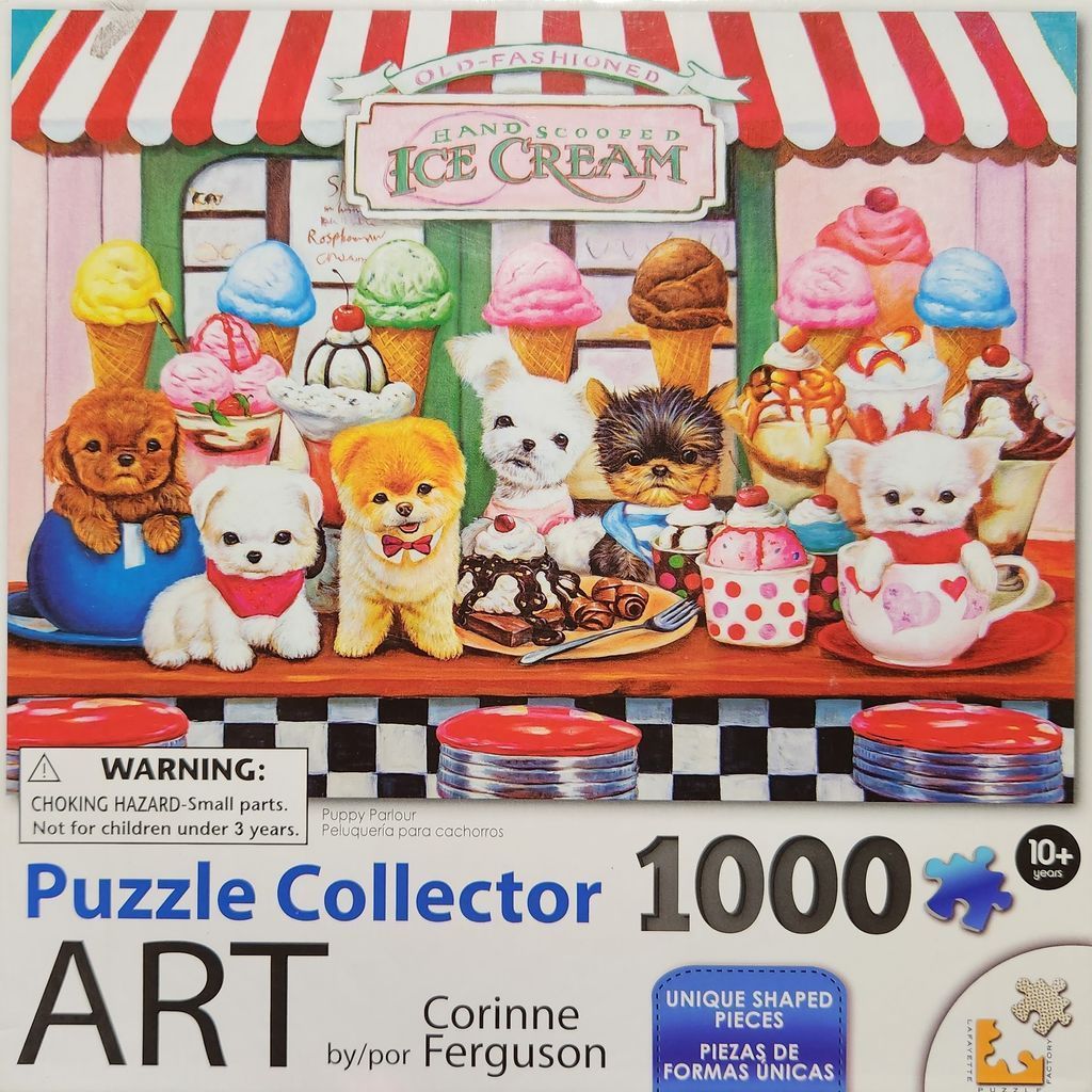 An illustration of small puppies sitting at a counter in an old-fashioned ice cream parlor.