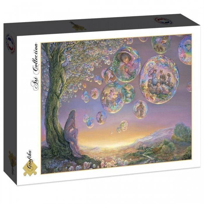 Fantasy illustration of a woman leaning against an ancient tree watching magical bubbles containing scenes of Victorian life.