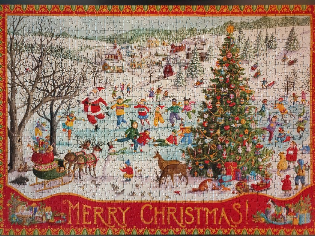 Whimsical Christmas scene with ice skating, a large tree, and Santa Claus in a snowy village.
