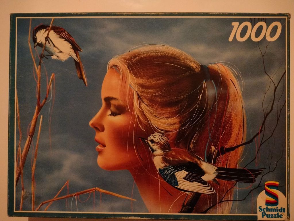 A profile portrait of a woman with red hair looking towards a small bird, with a second bird perched nearby.
