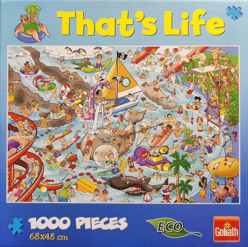 A chaotic, cartoon-style illustration of a bustling water park filled with people and humorous activities.